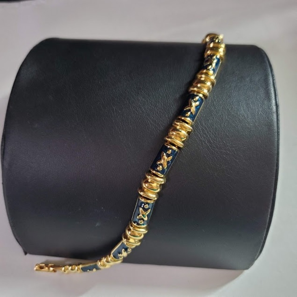 Joan Rivers Gold Tone Blue Enamel X Link Bracelet Vintage Designer Jewelry